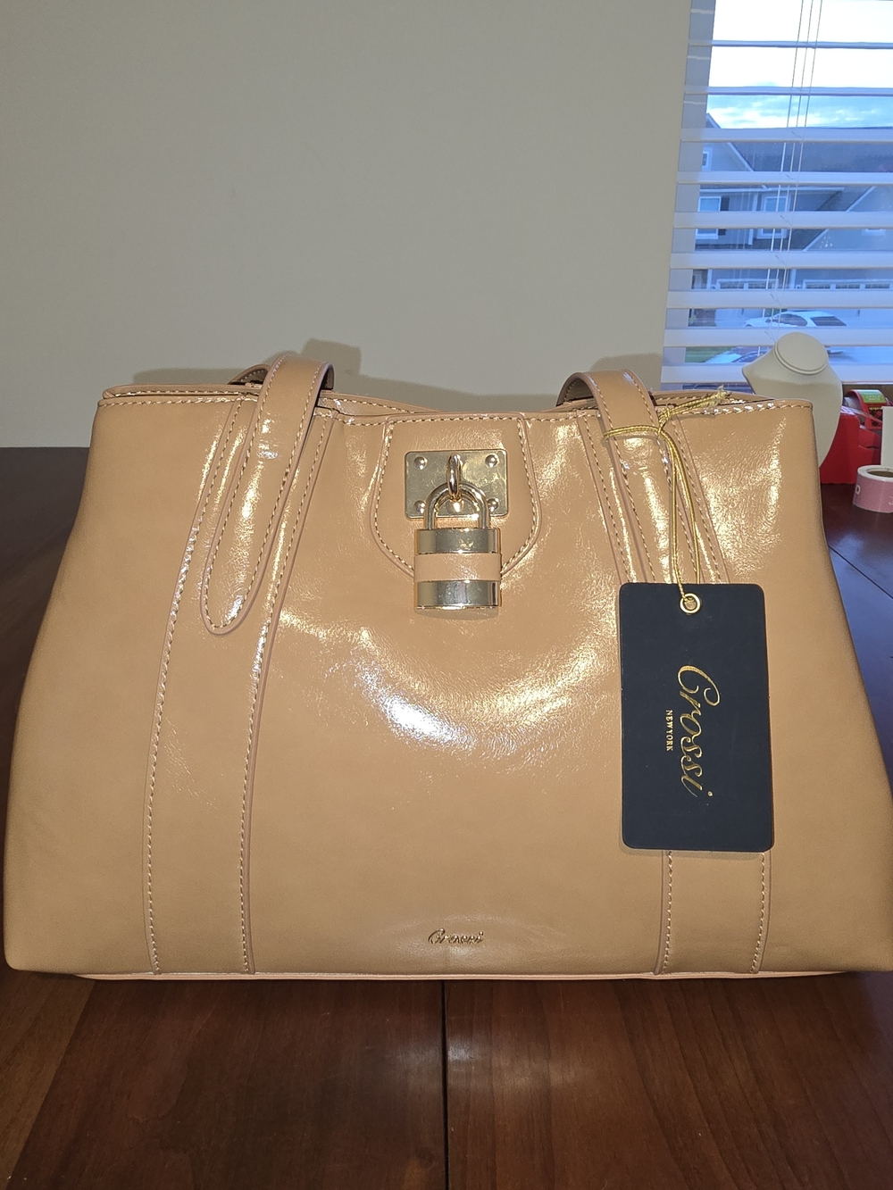 Crossi Tan Patent Leather-like Shoulder Bag with Gold Lock Detail, New with Tags